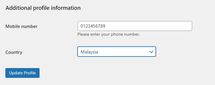 Phone number and country of user
