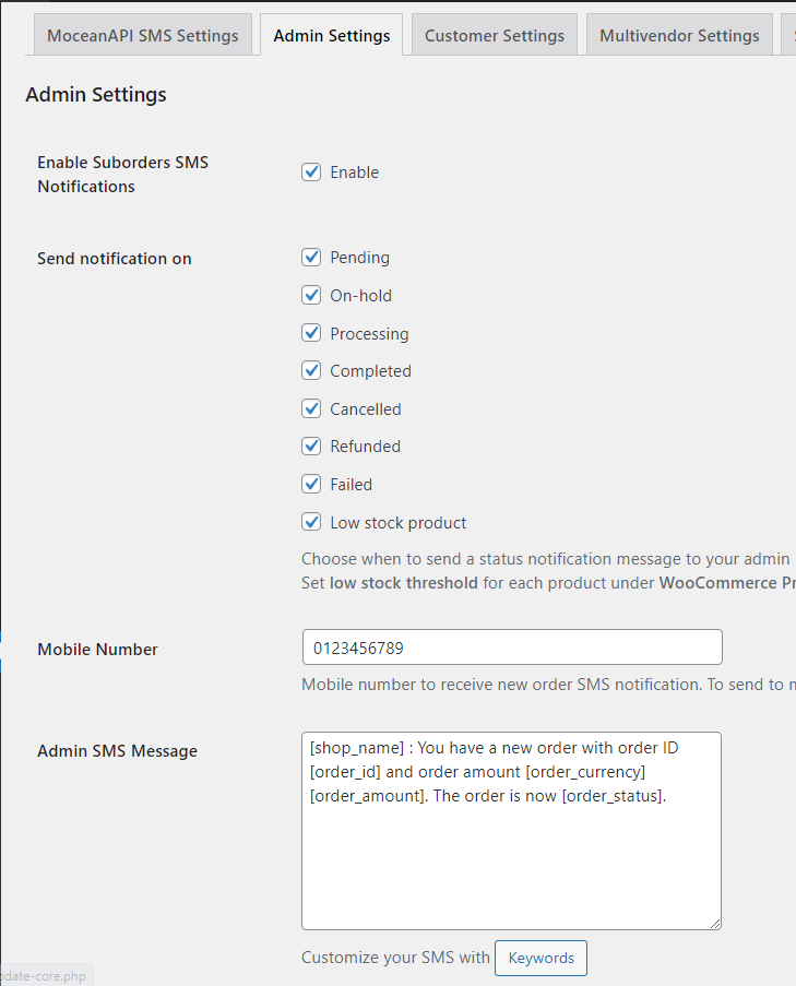 MoceanAPI admin sms order notification configuration