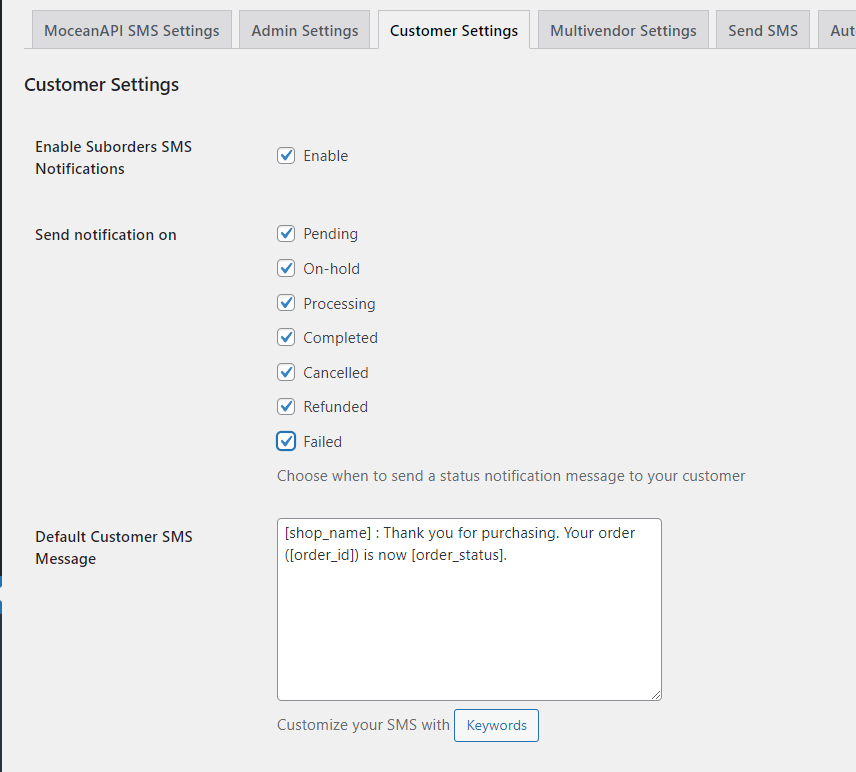 MoceanAPI Customer sms order notification configuration