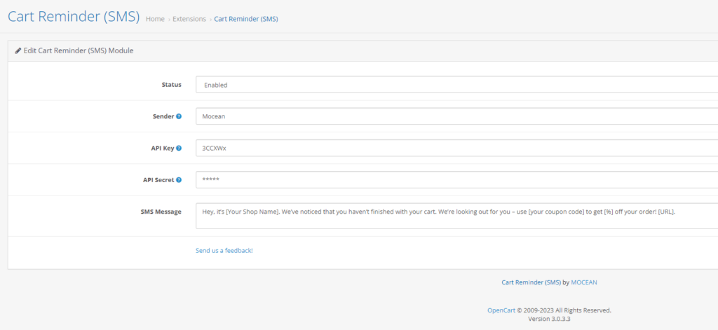 moceanapi cart reminder configuration