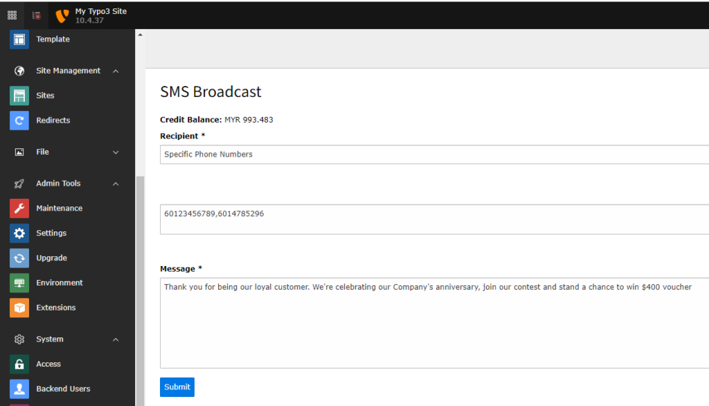 send sms to specific phone numbers in typo3
