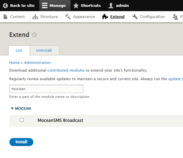 Installing MoceanAPI SMS broadcast in drupal administration