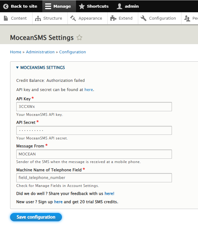 Configure MoceanAPI credentials