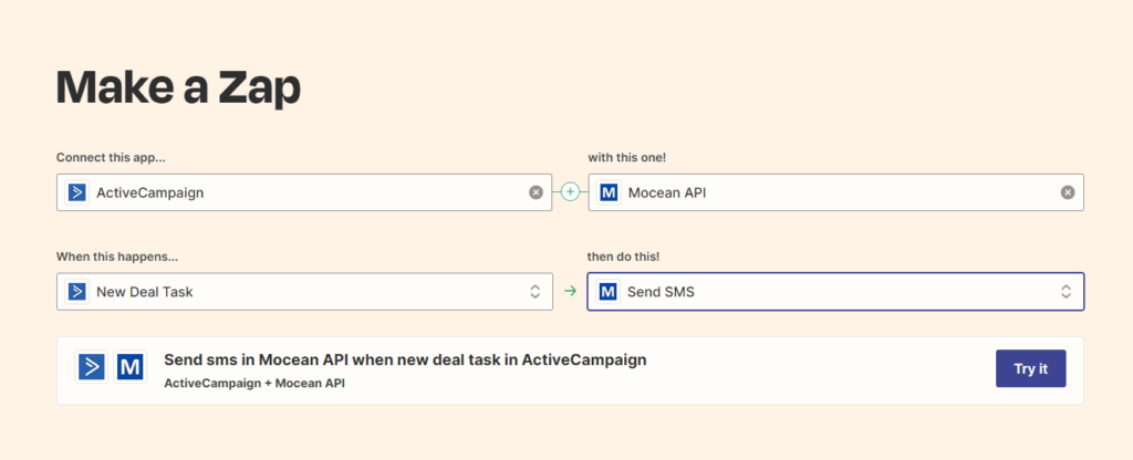 Selecting a trigger from ActiveCampaign and Send SMS in MoceanAPI