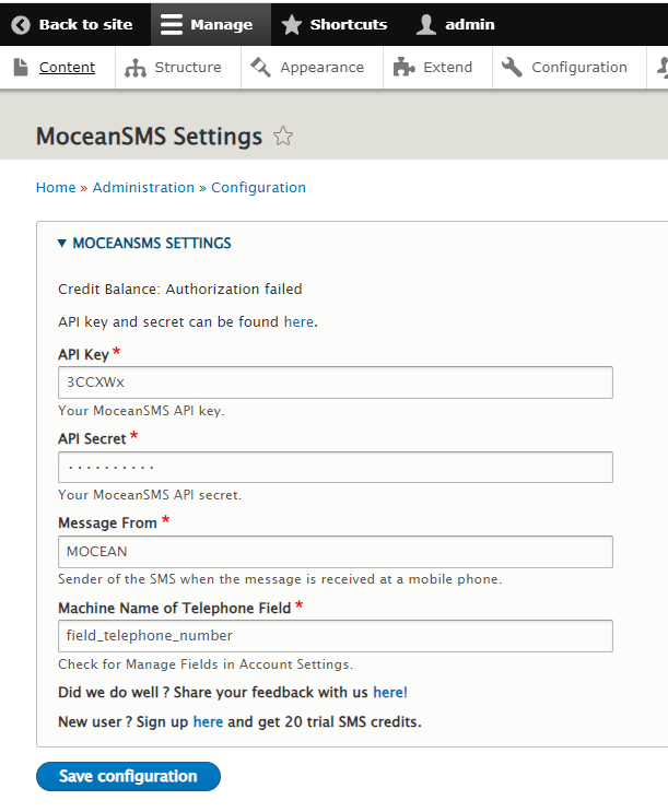 Enter MoceanAPI Credentials into  settings page