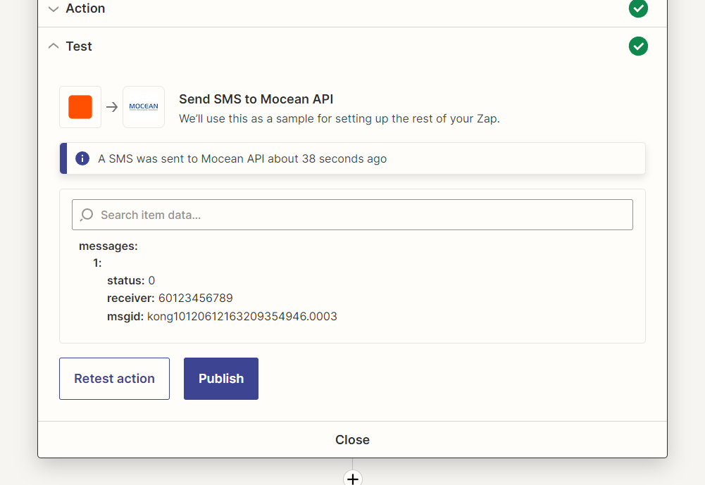Testing Send SMS in MoceanAPI action