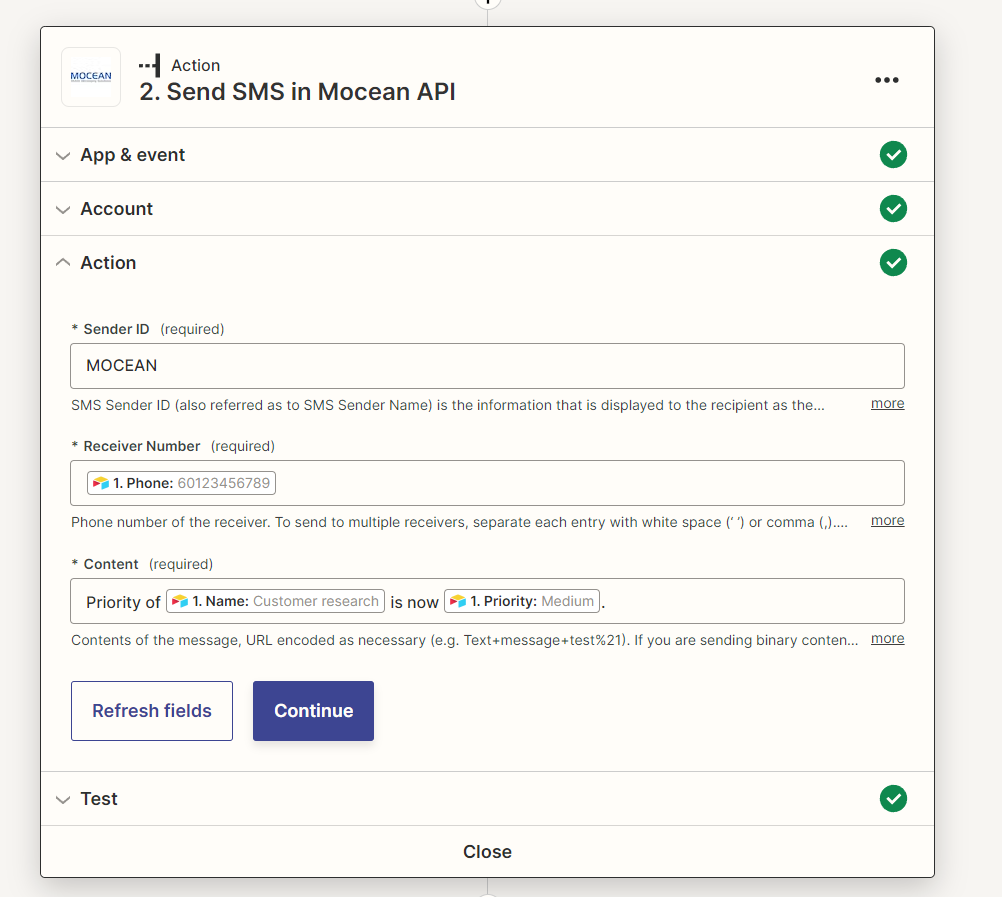 configure and map keyword fields to moceanapi configuration