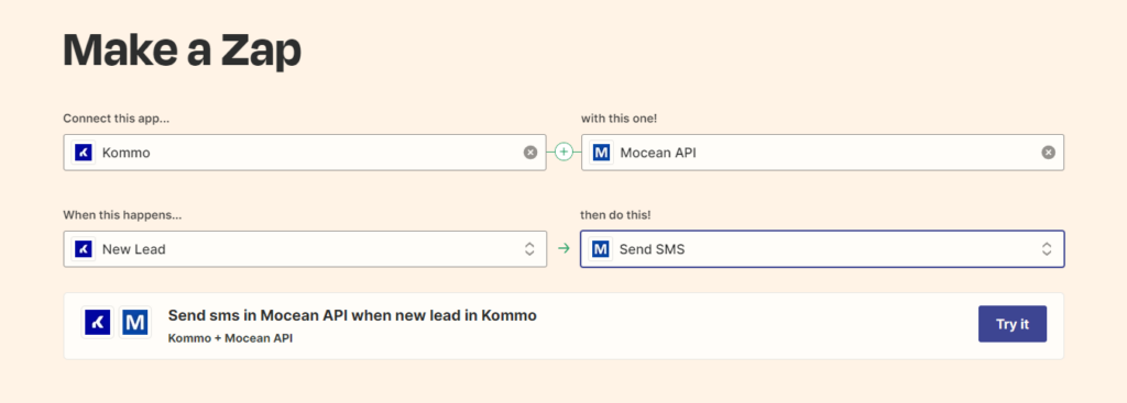 making a zap between Kommo and MoceanAPI