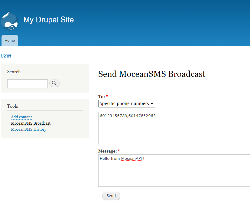 broadcast SMS to specific phone numbers in drupal
