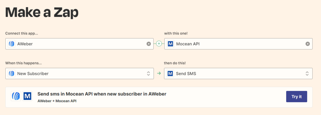 Make a zap connecting Aweber and MoceanAPI
