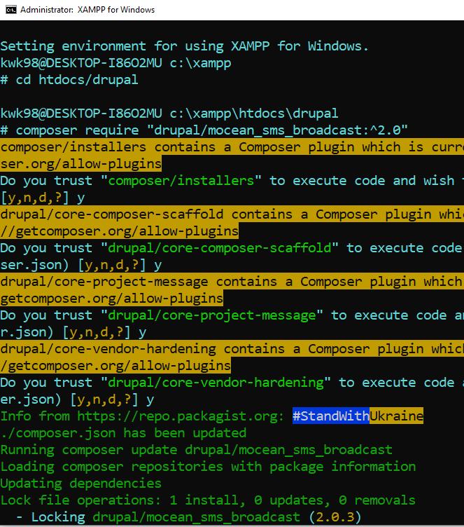 Command to install MoceanAPI SMS Broadcast module in drupal