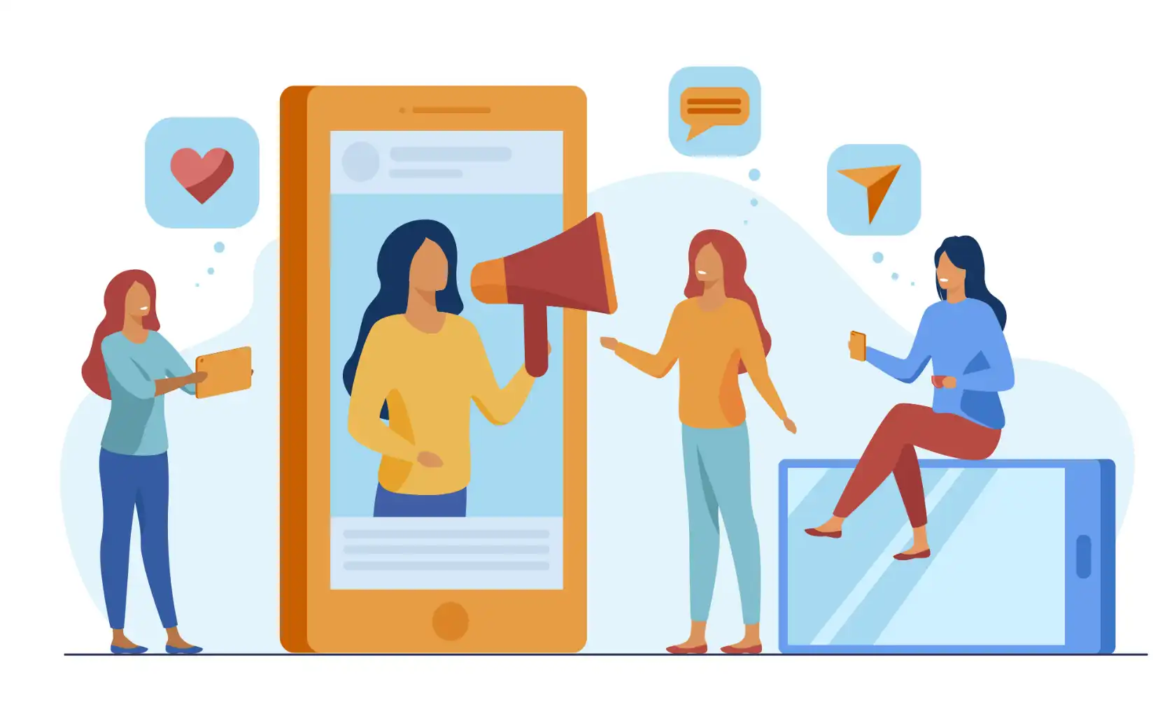 Illustration of a group collaborating on WhatsApp marketing campaigns with megaphone, messages, and mobile engagement visuals.